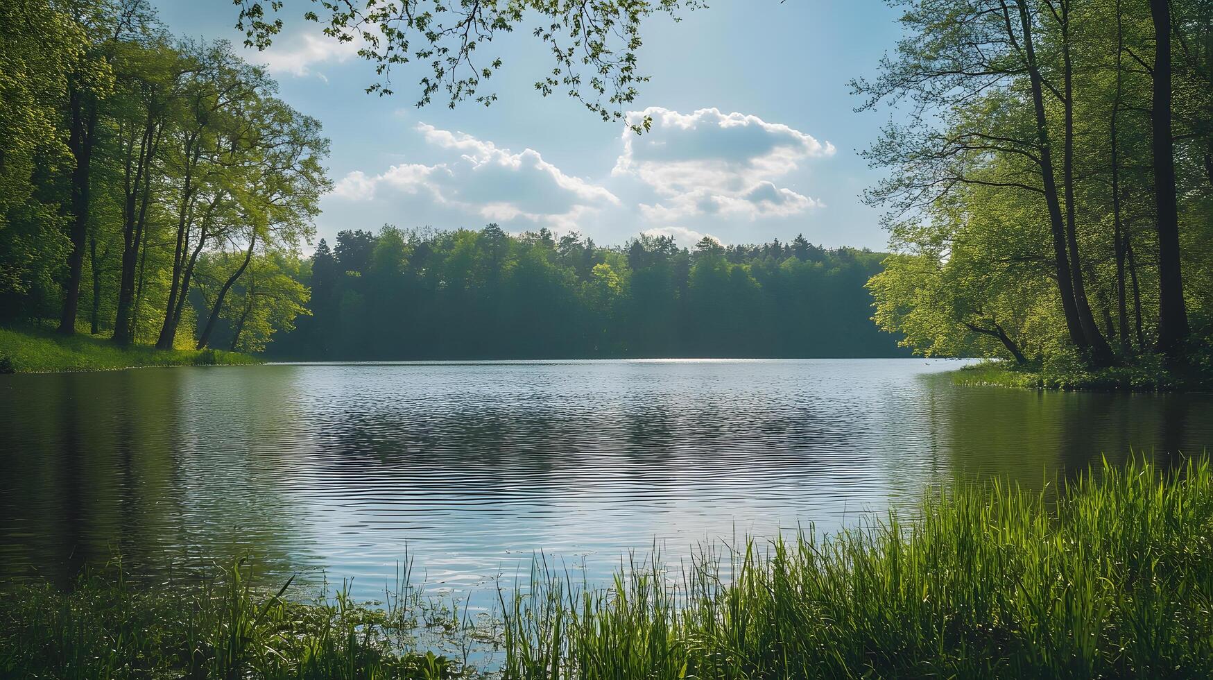 A lake with trees in the background photo