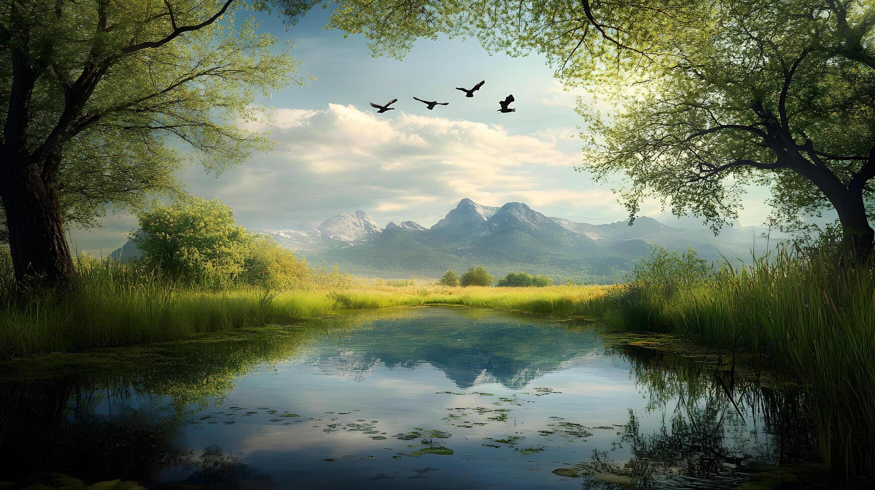 A serene landscape with a body of water and a few trees photo