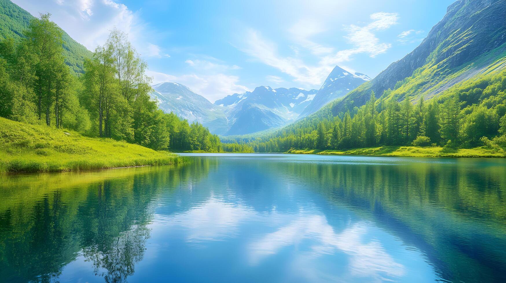 A beautiful mountain lake with a clear blue sky above photo