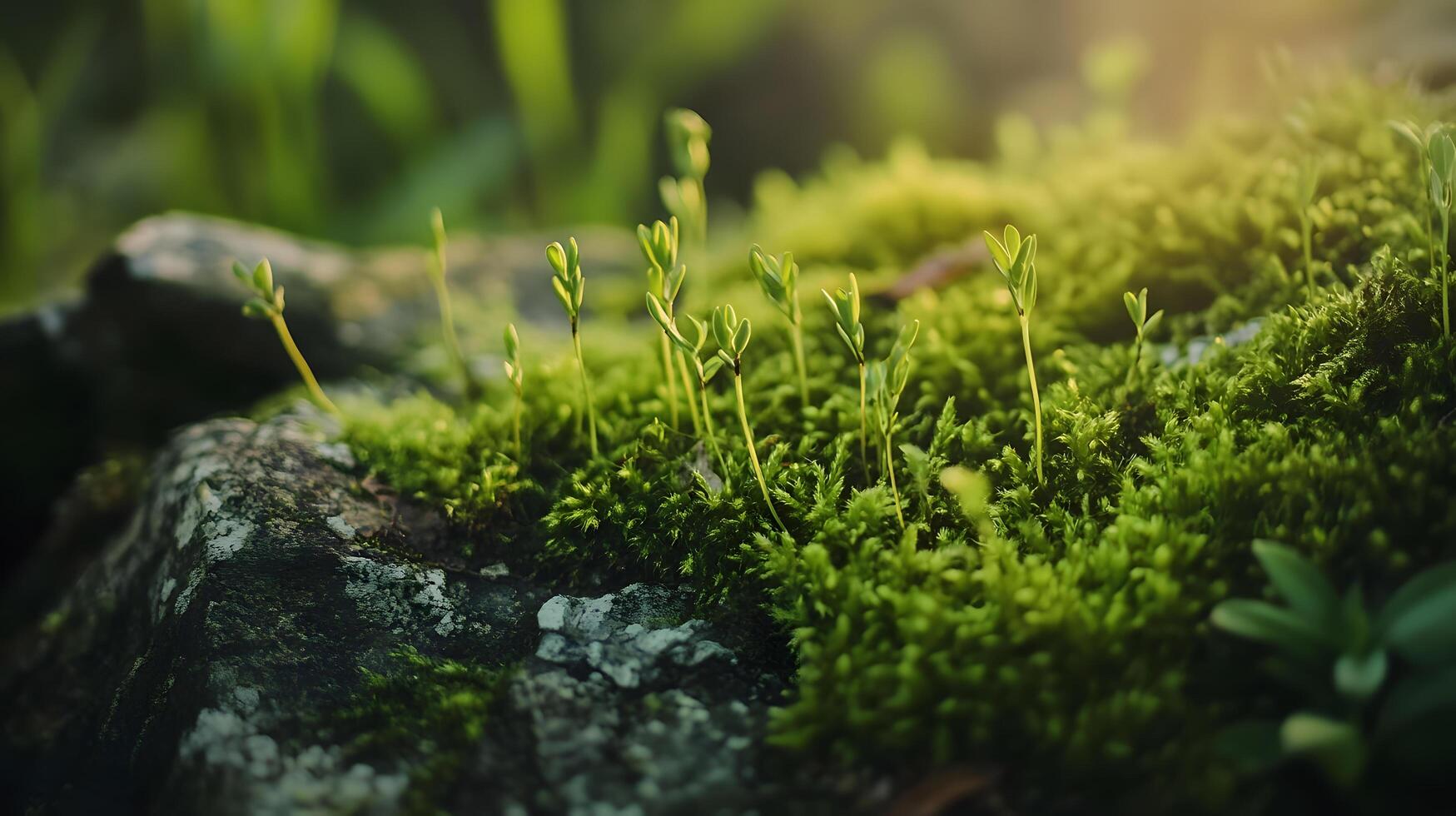 A rock covered in green moss and grass photo