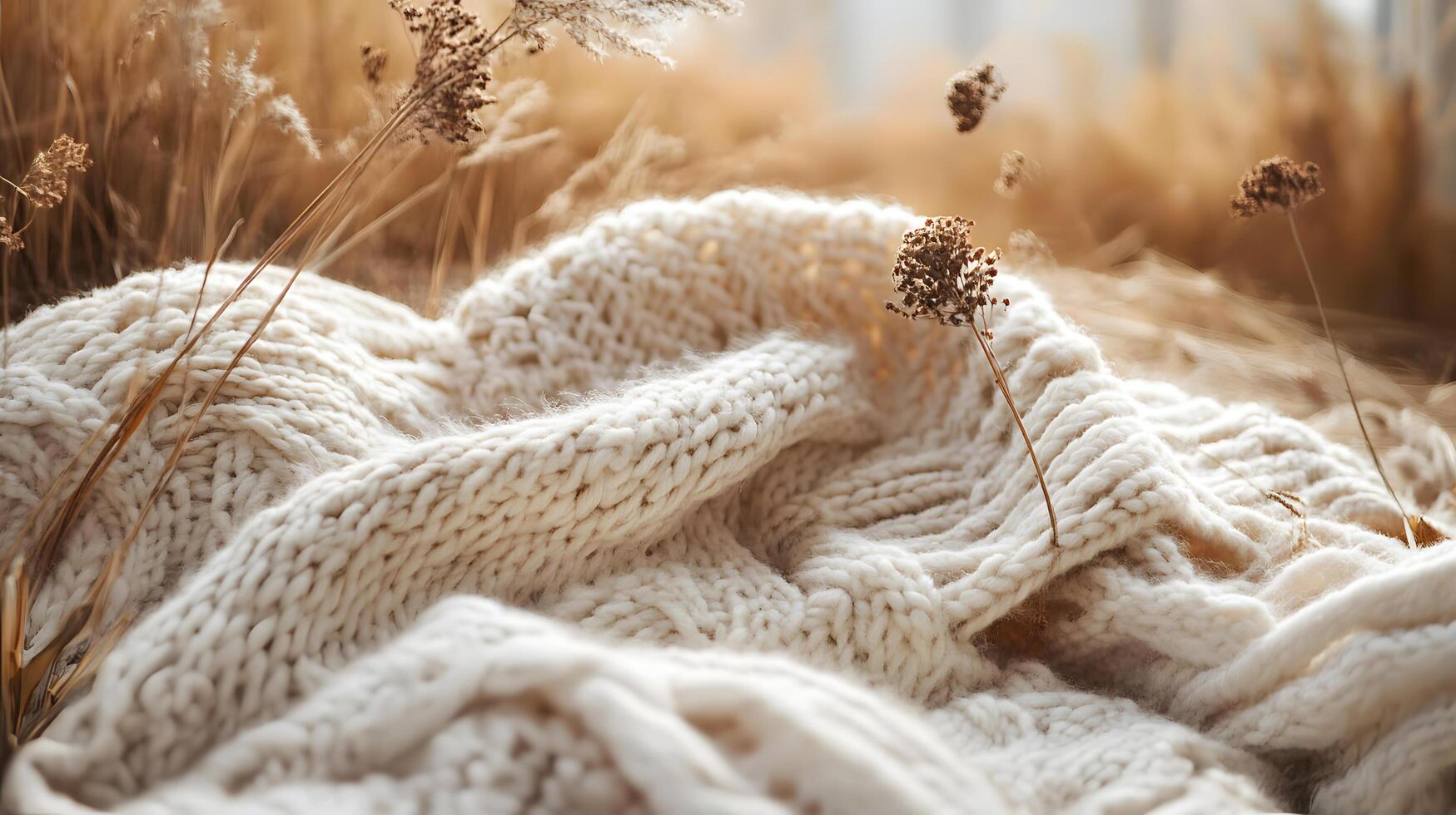 A knitted blanket is spread out on the ground, with a bunch of weeds photo