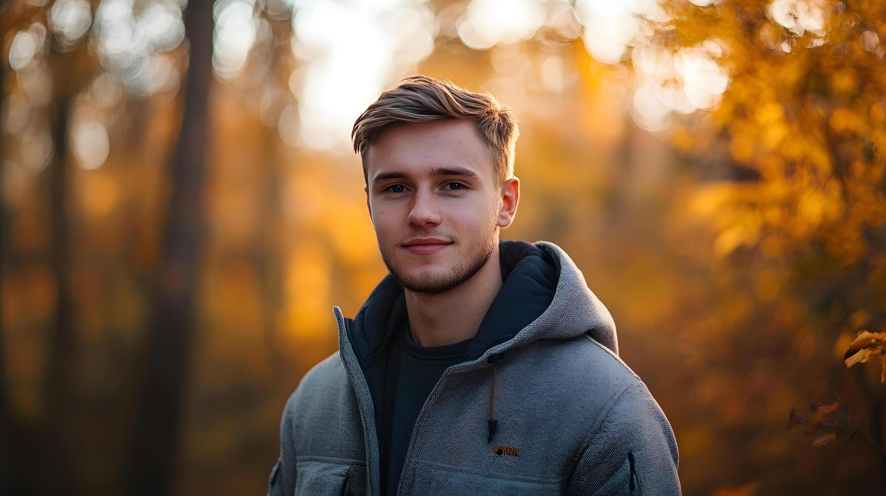 A man wearing a black hoodie and a grey jacket is smiling in a forest photo