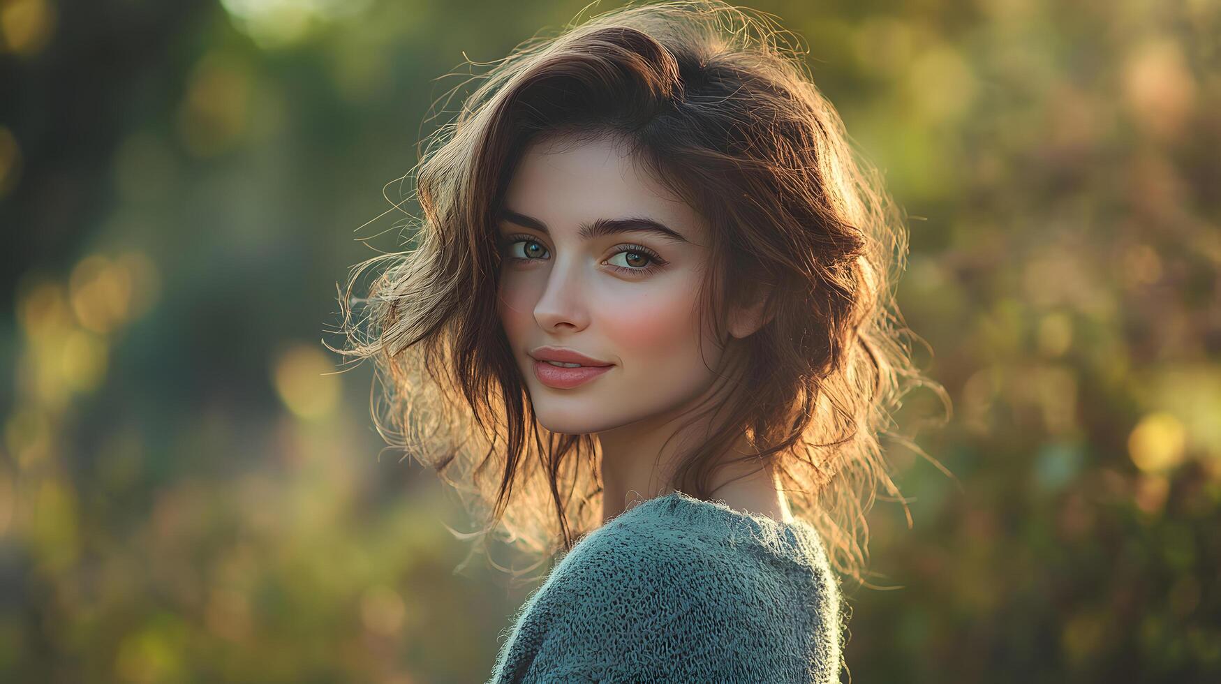 A woman with brown hair and green eyes is standing in a forest photo