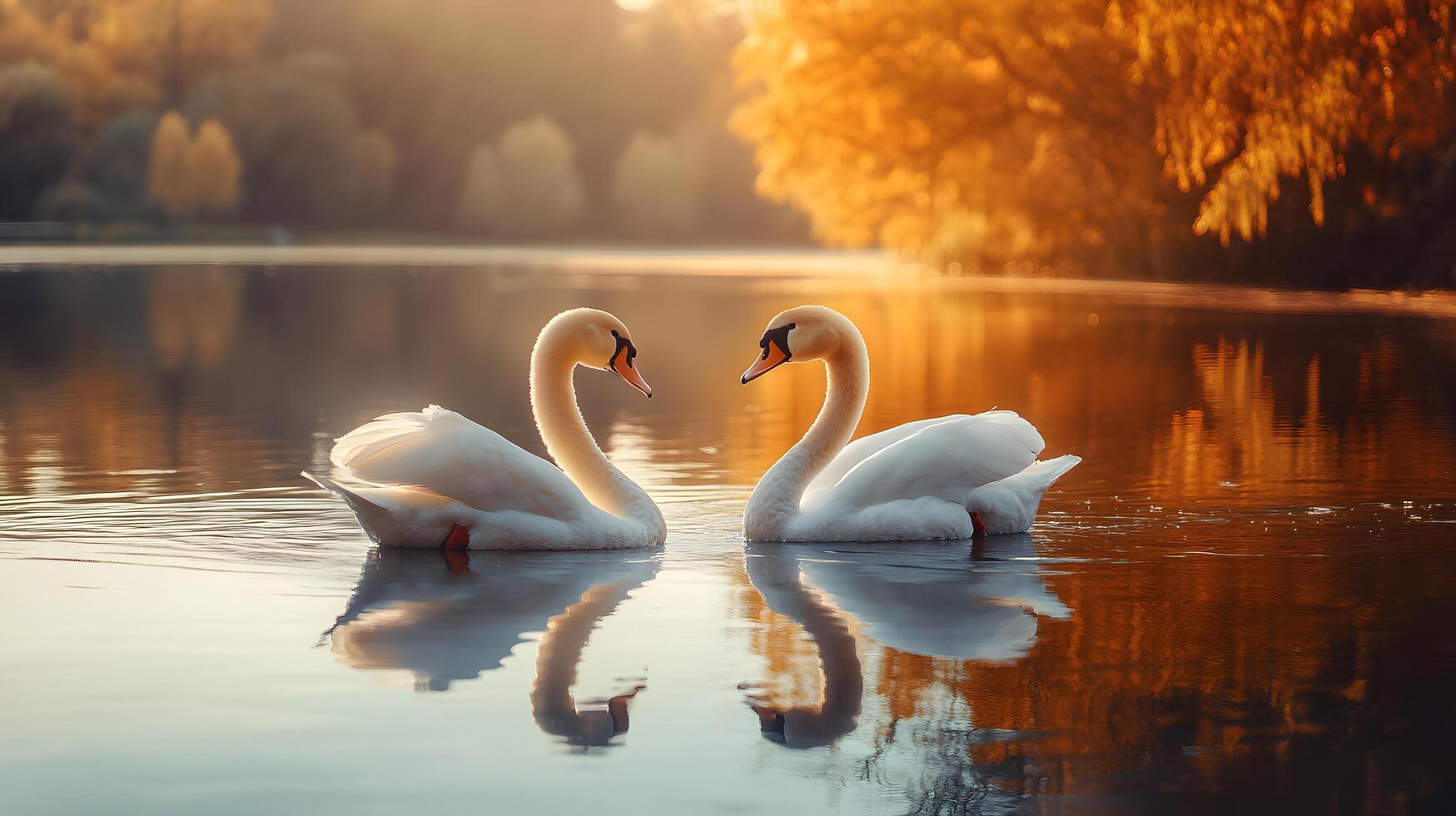 Two swans are swimming in a lake, with their heads facing each other photo