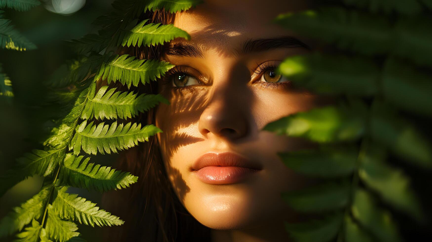 A woman with green eyes is standing in a forest with leaves on her face photo