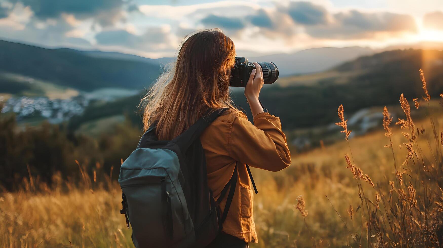 A woman with a camera is taking a picture of a beautiful landscape photo