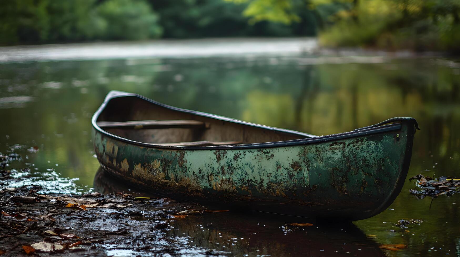 A green canoe sits in a lake photo