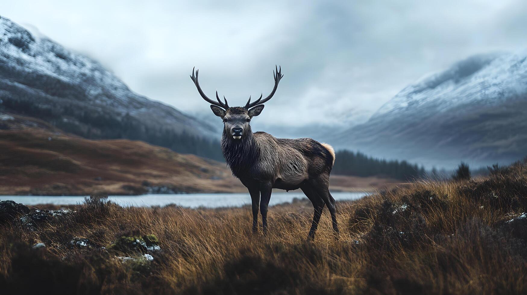 A deer stands in a field of tall grass photo