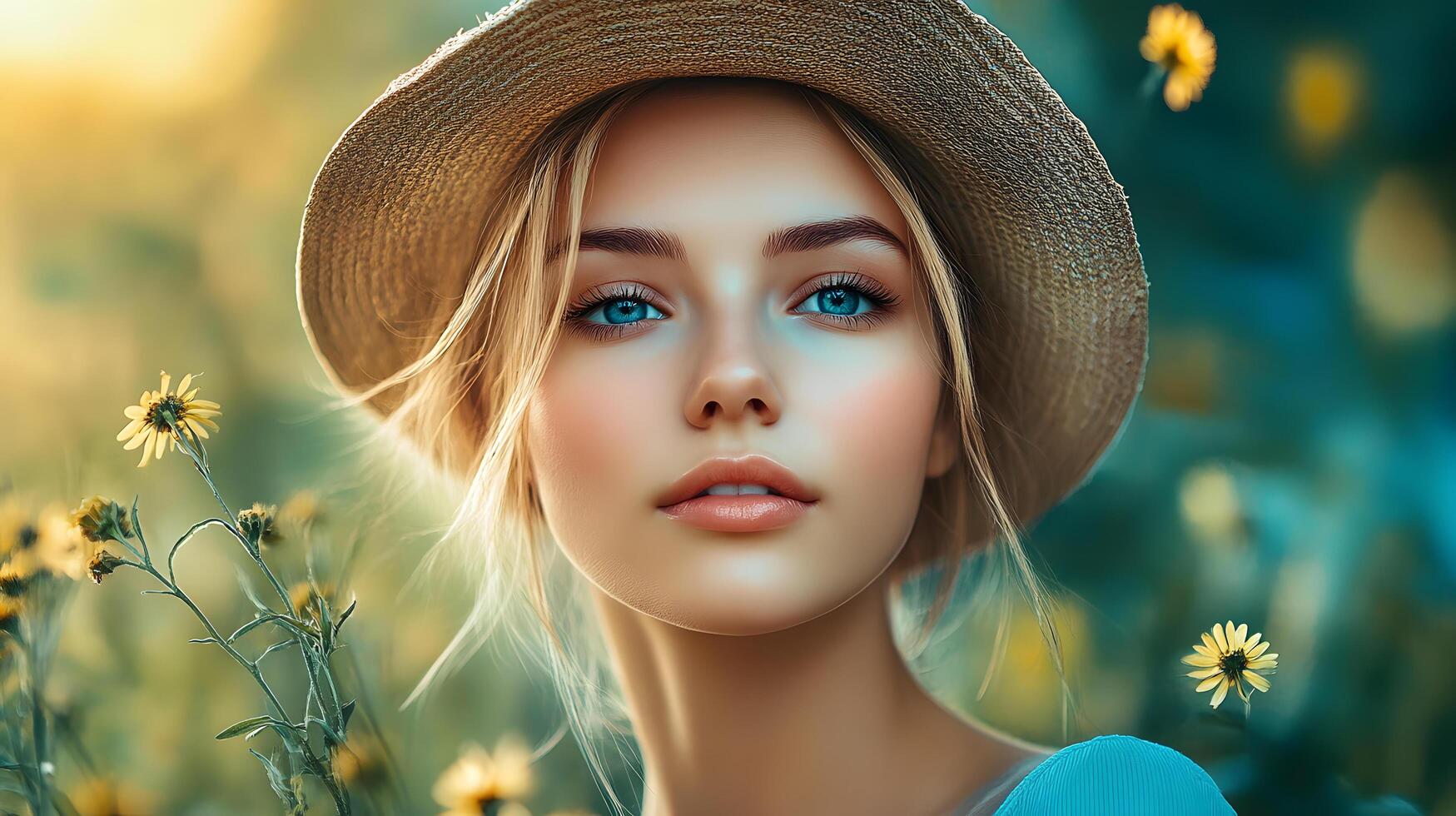 A woman with a straw hat and blue eyes stands in a field of yellow flowers photo