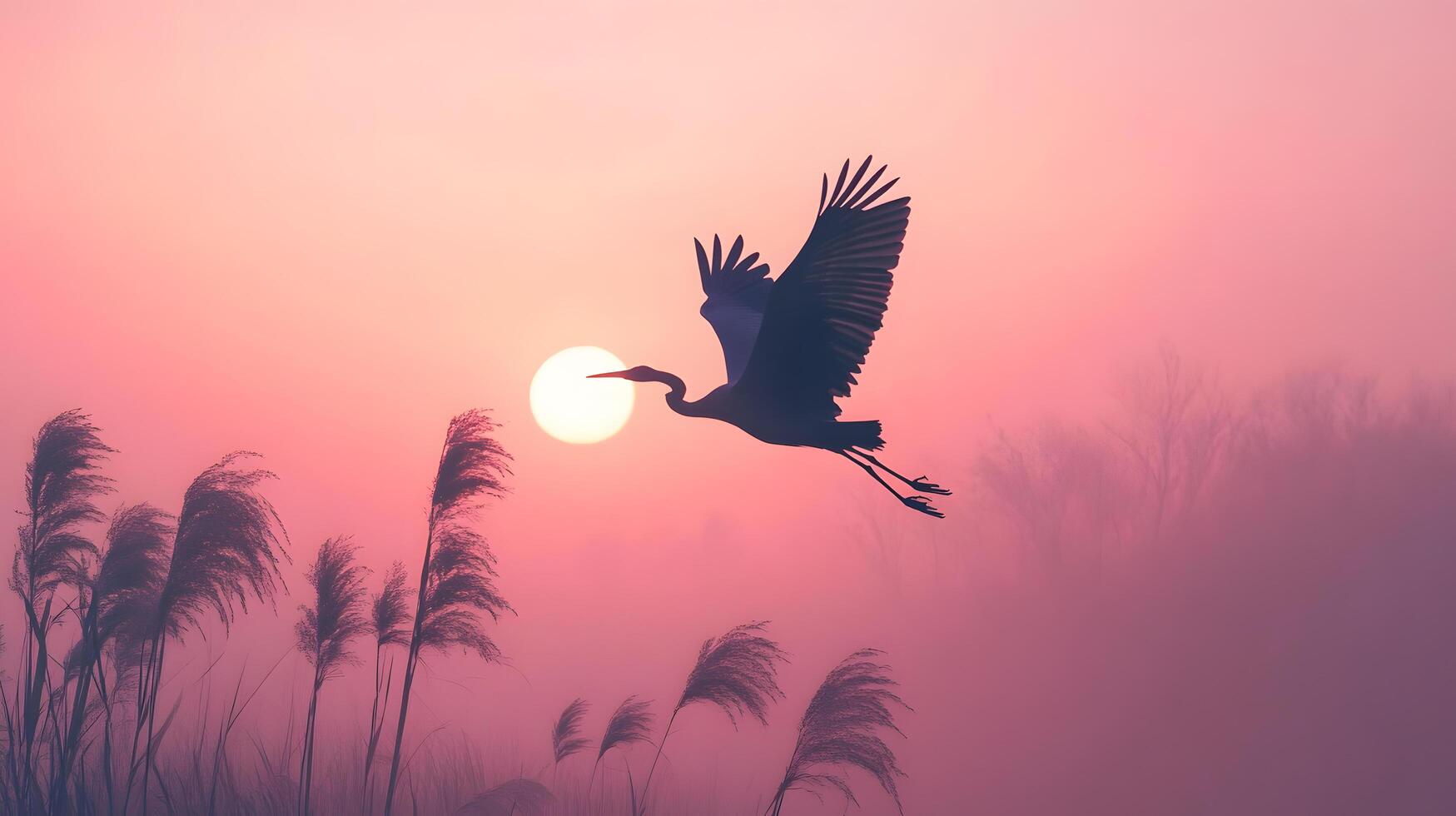 A bird is flying over a field of tall grass with a sun in the background photo