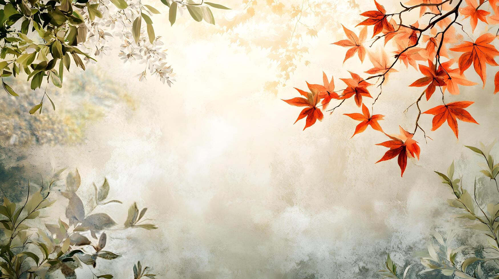 A painting of a tree with leaves in various colors, including red and green photo