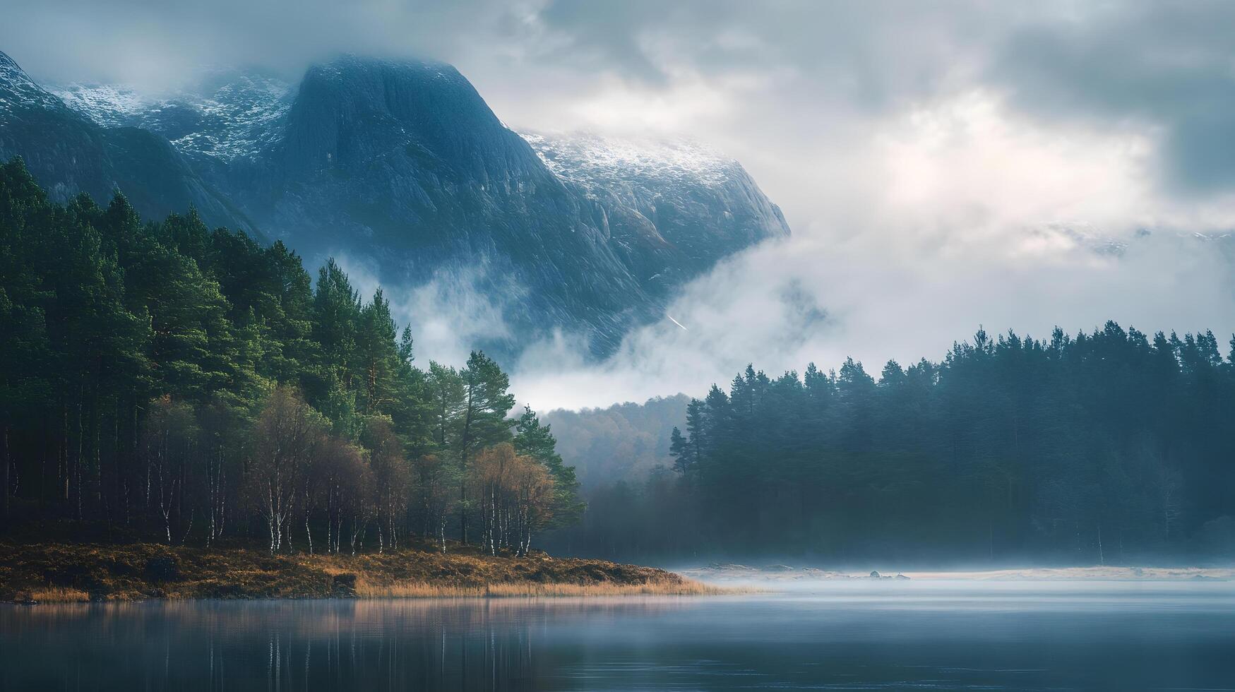 A mountain range is visible in the background with a lake in the foreground photo