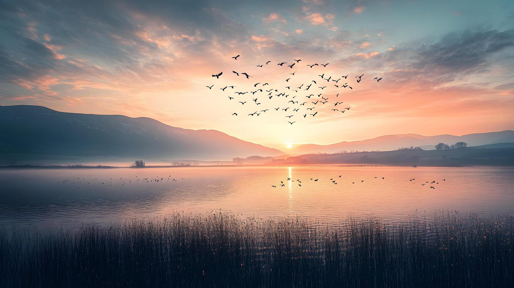 A beautiful sunset over a lake with a flock of birds flying in the sky photo