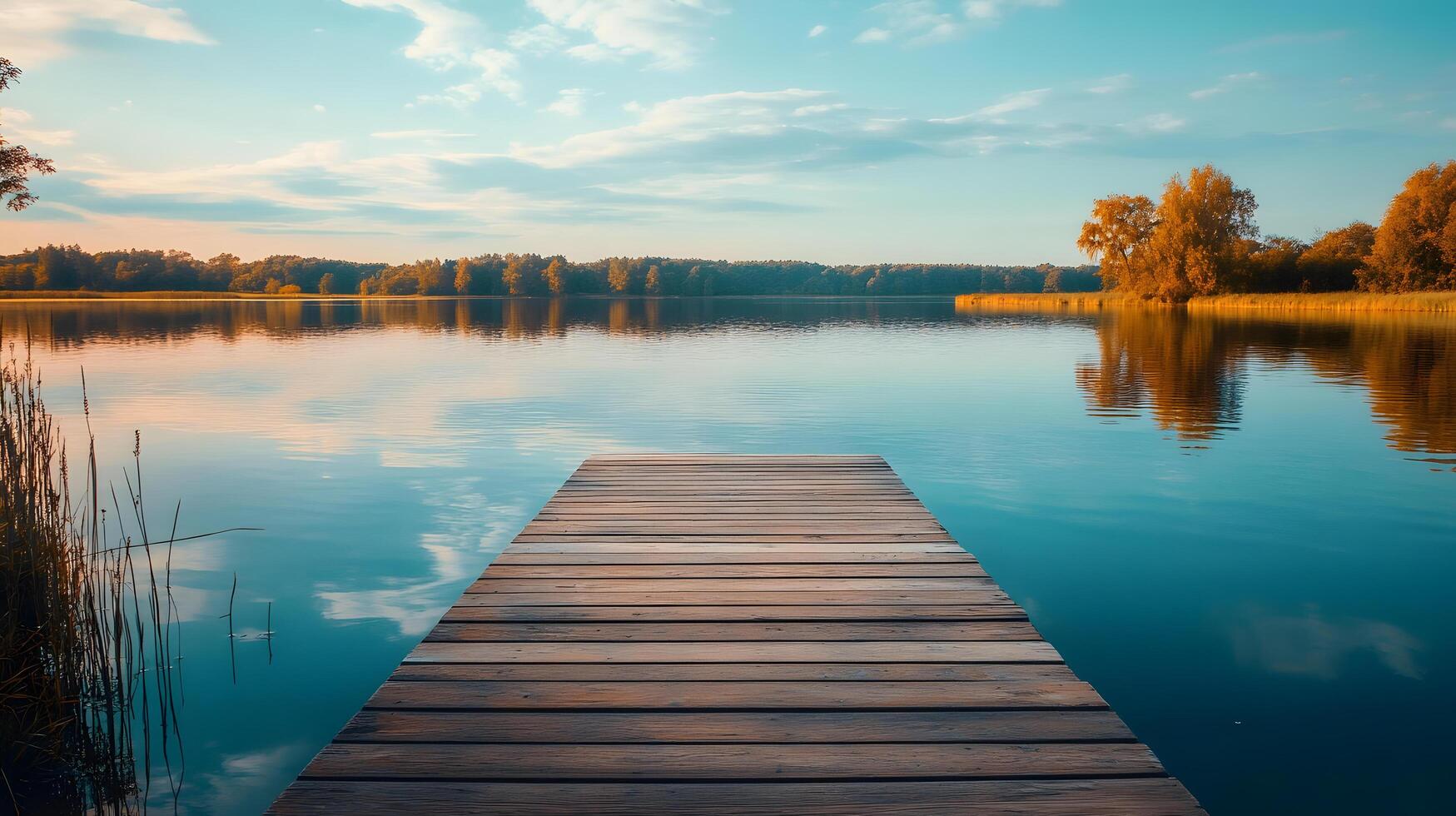 A wooden pier sits on a lake with a beautiful blue sky in the background photo
