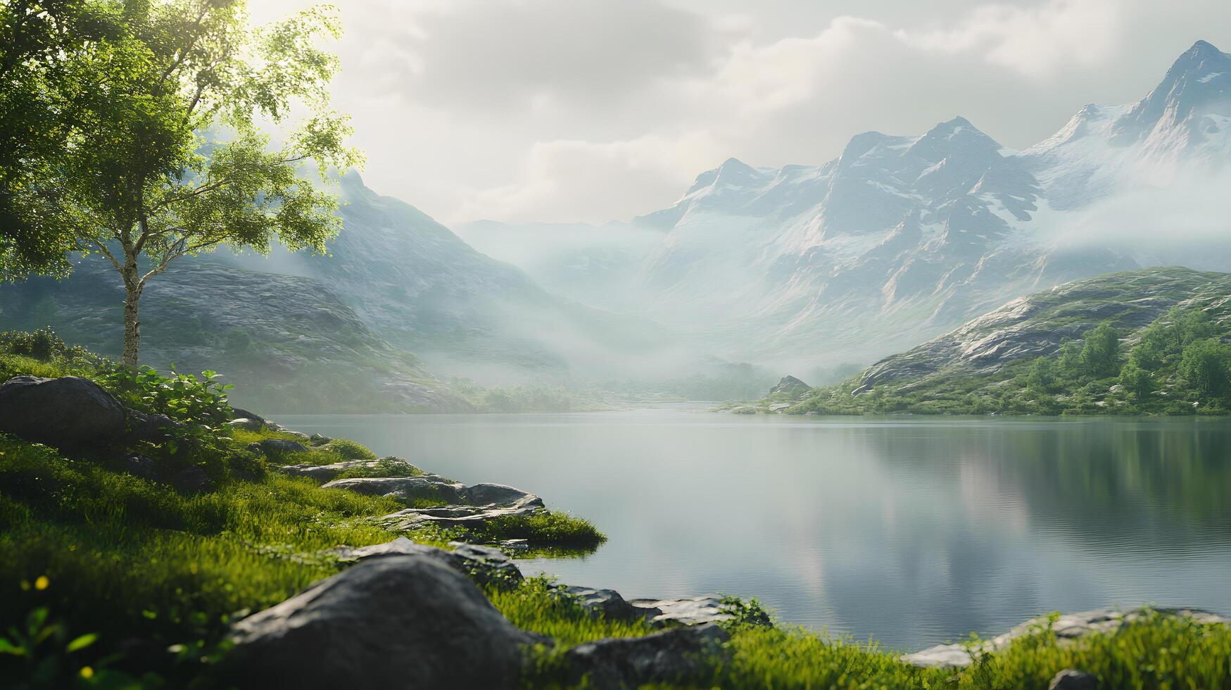 A beautiful mountain landscape with a lake in the foreground photo