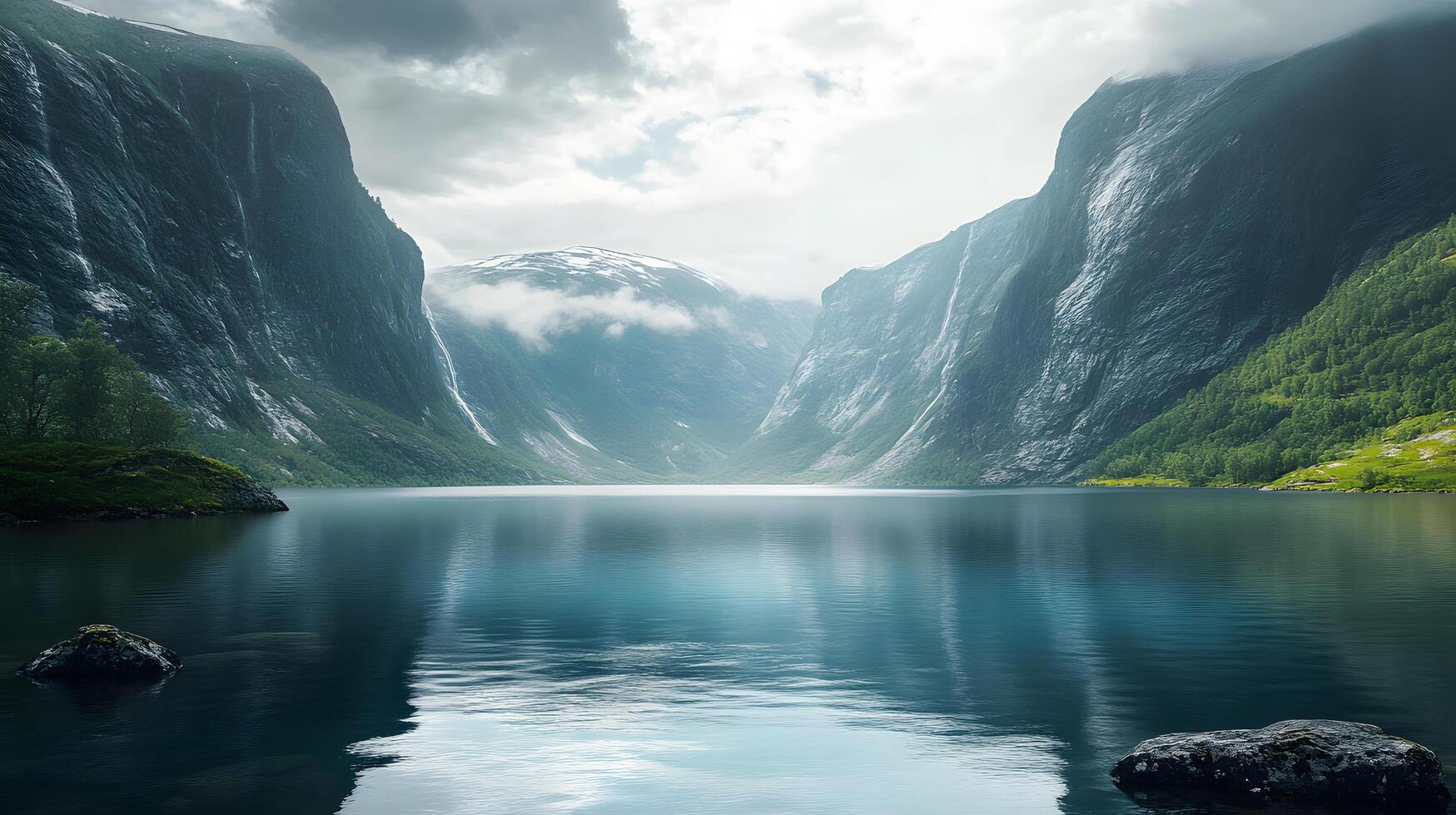 A beautiful mountain lake with a cloudy sky in the background photo