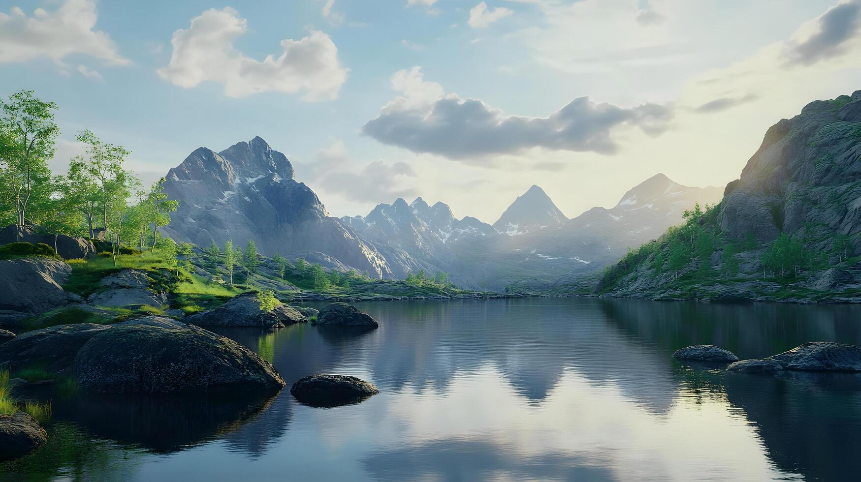 A beautiful mountain landscape with a lake in the foreground photo