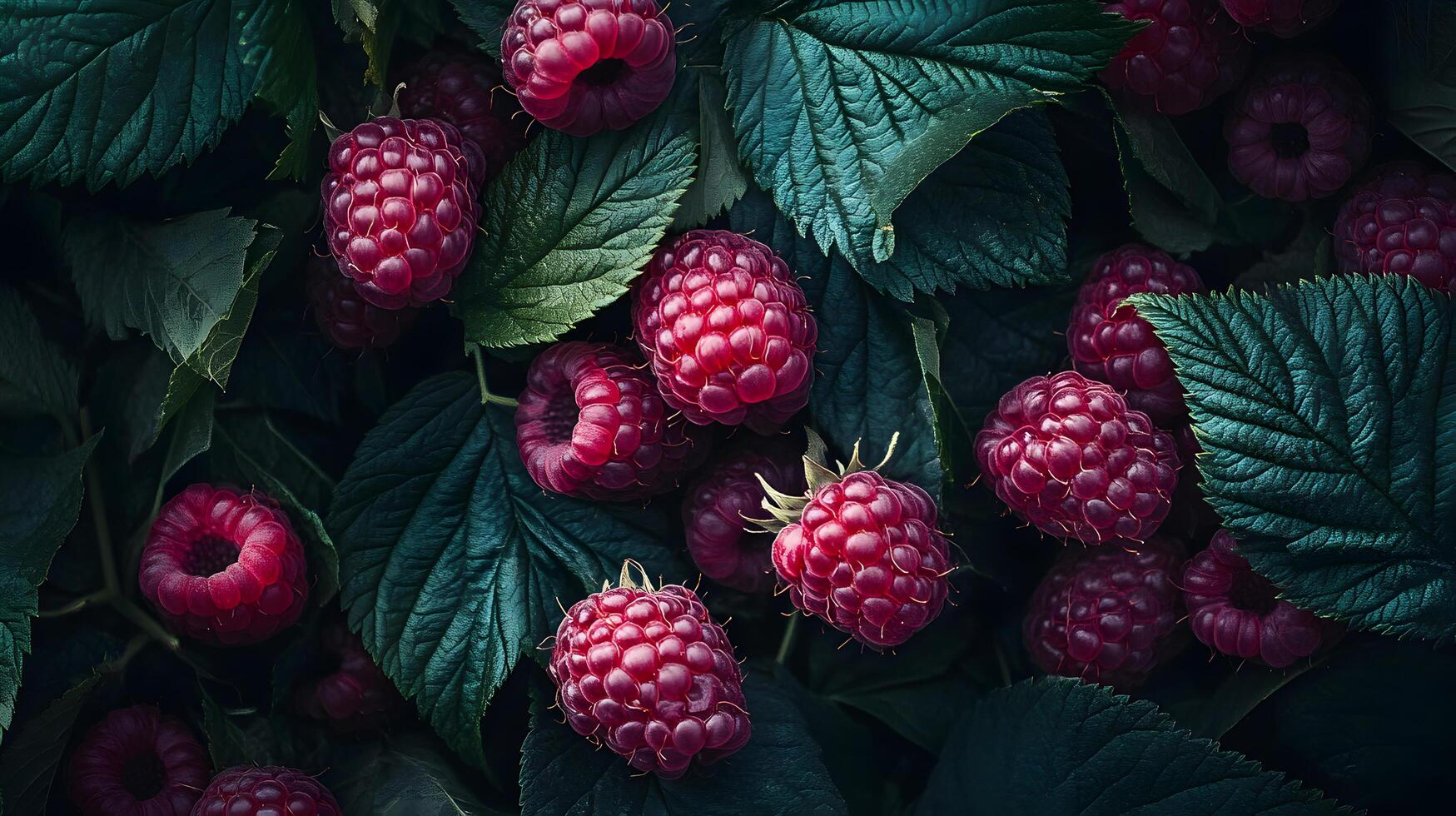 A close up of a bunch of red raspberries on a leaf photo