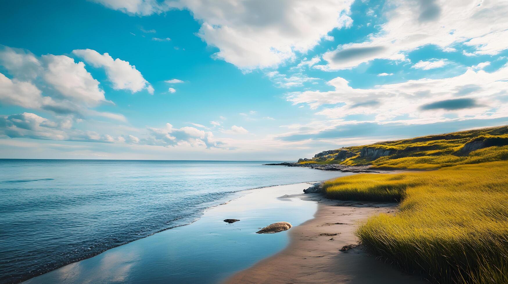 A beautiful beach scene with a clear blue sky and a calm ocean photo