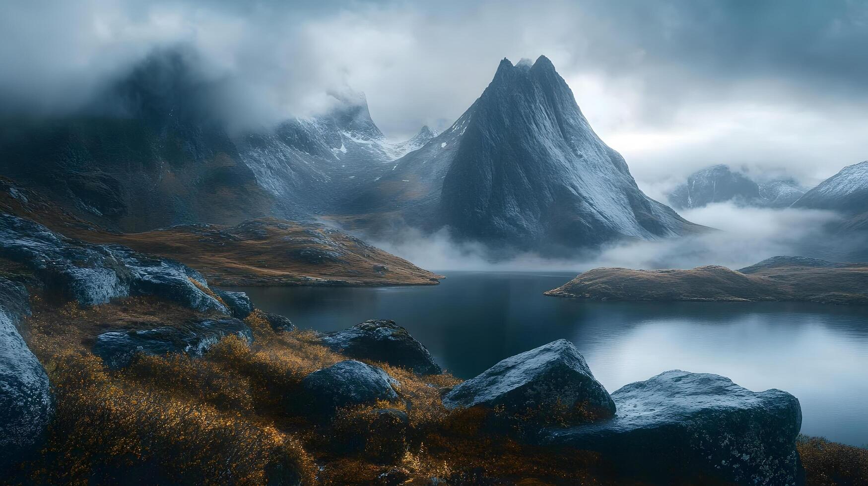 A mountain range with a lake in the foreground photo