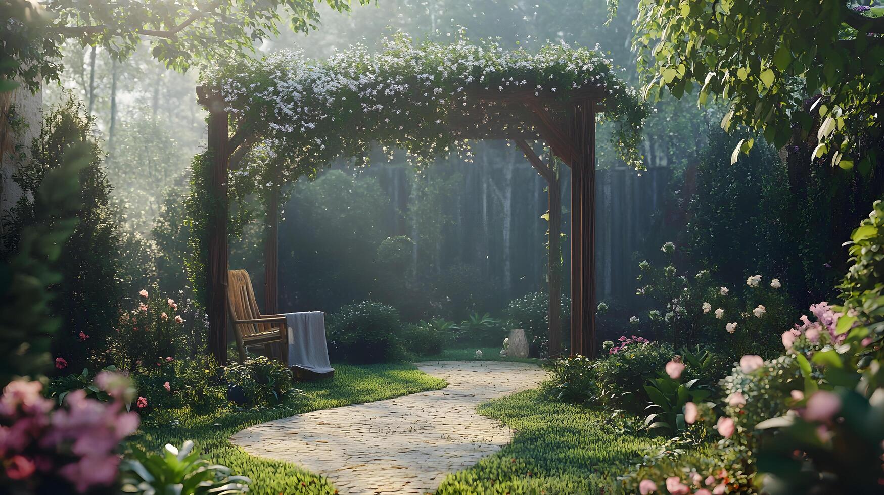 A garden with a wooden gazebo and a bench photo