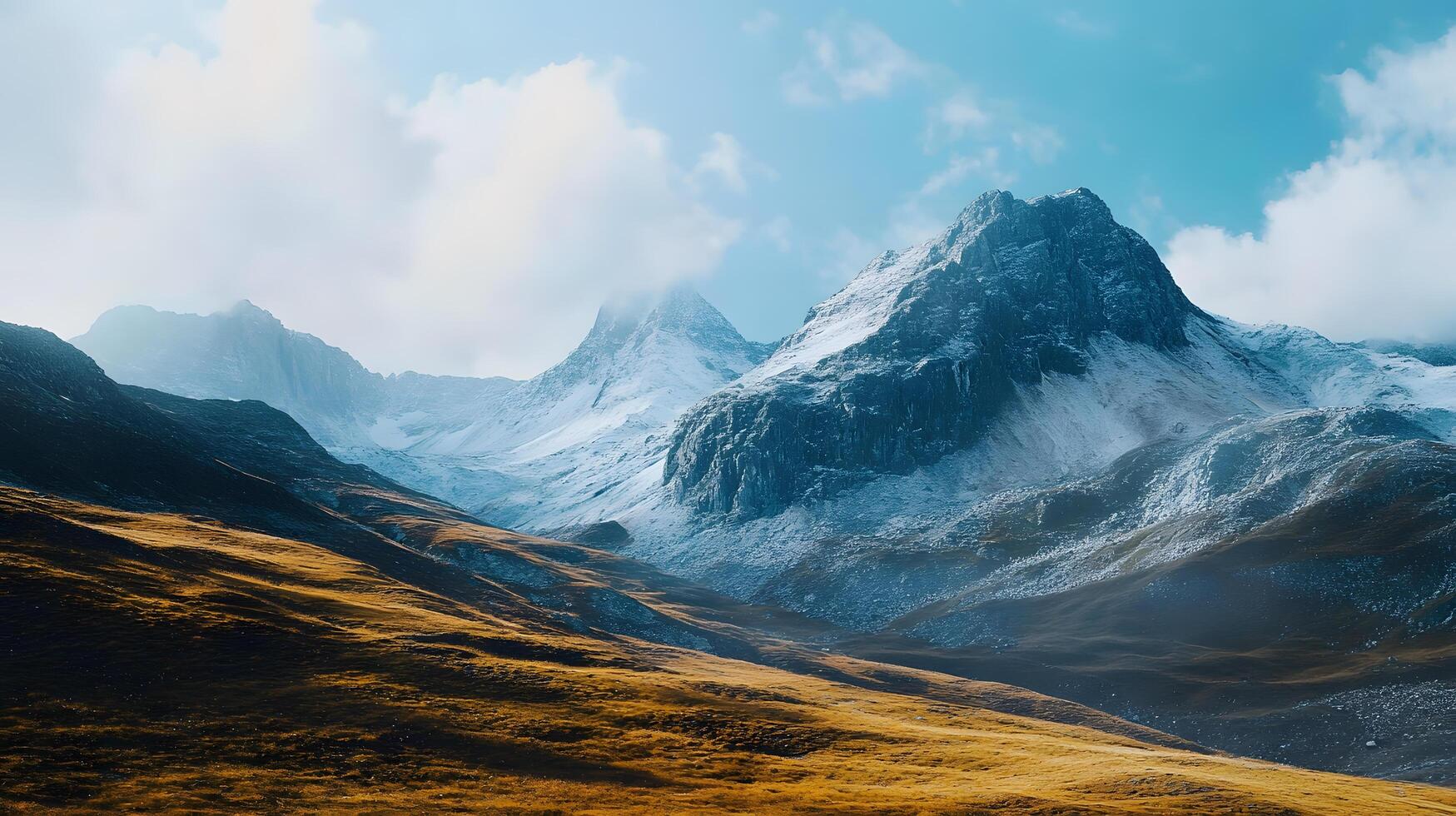 The mountains are covered in snow and the sky is blue photo
