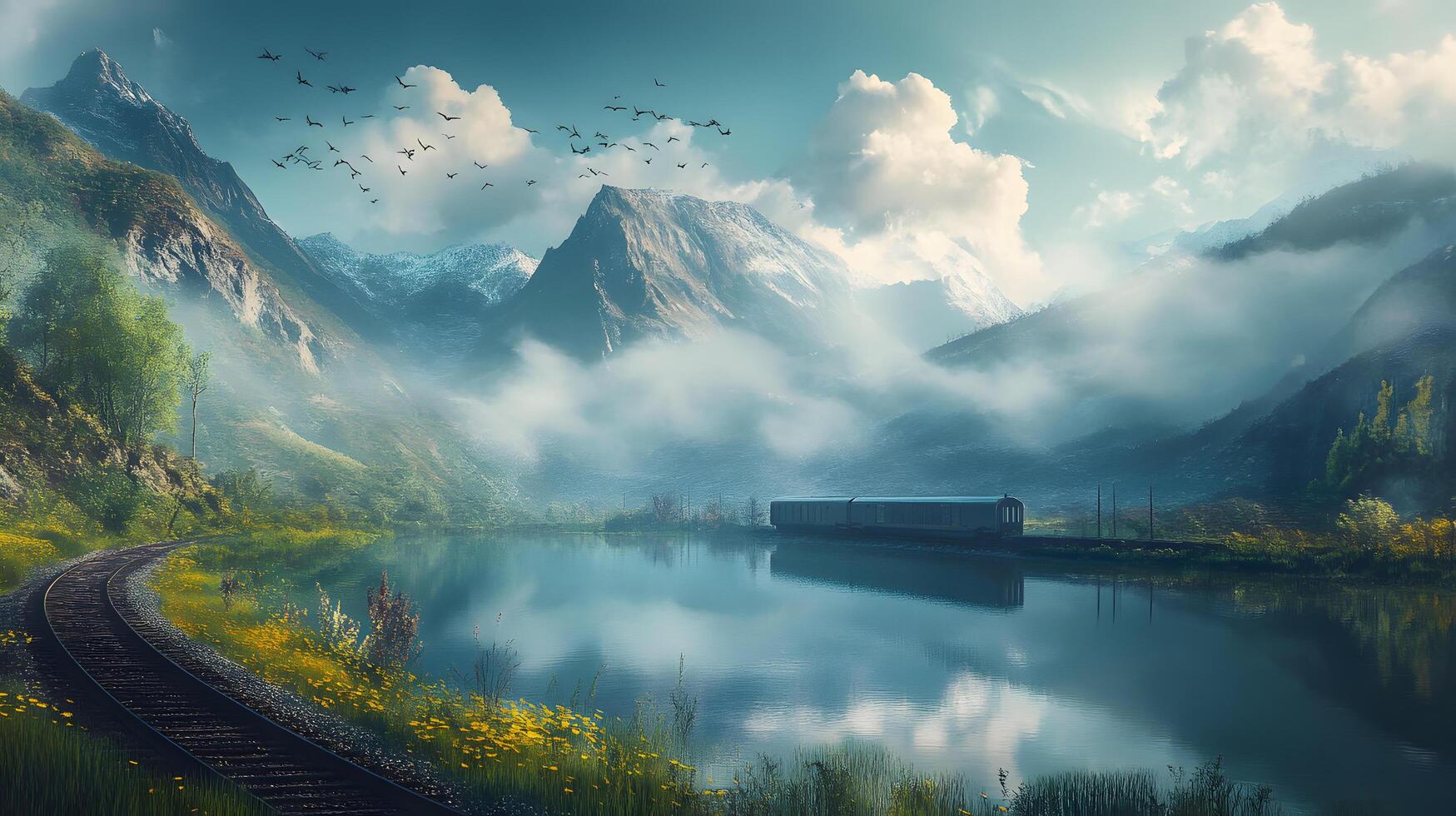 A train is traveling through a mountain valley with a lake in the background photo