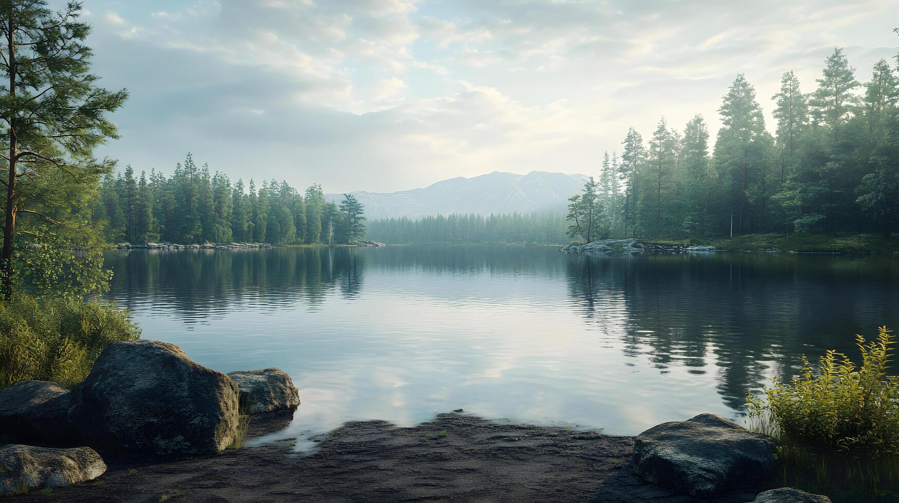 A serene lake surrounded by trees and mountains photo