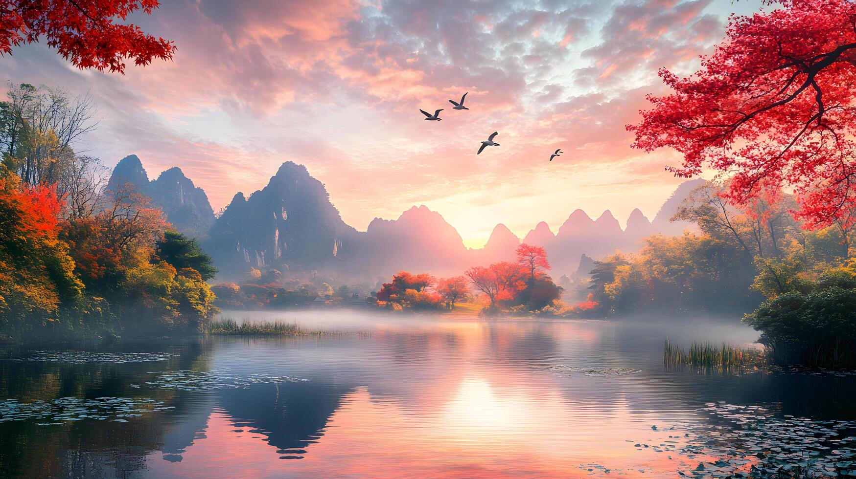 A beautiful landscape with a lake and mountains in the background photo