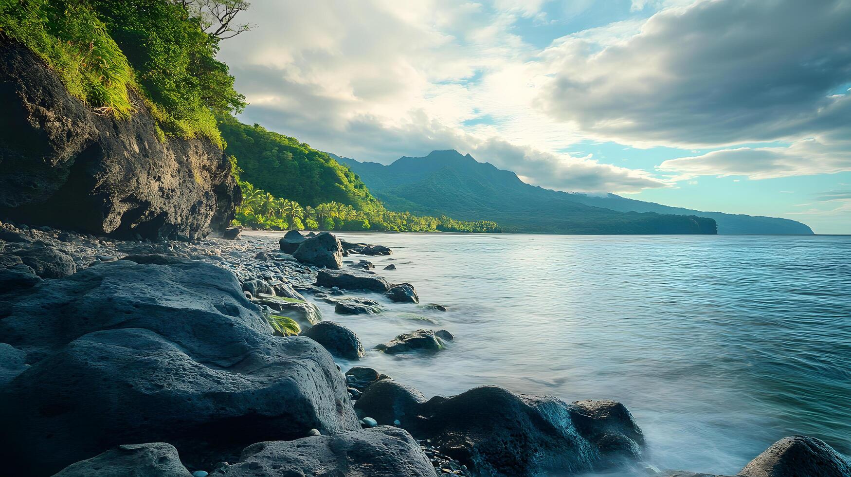 A rocky shoreline with a body of water in the background photo