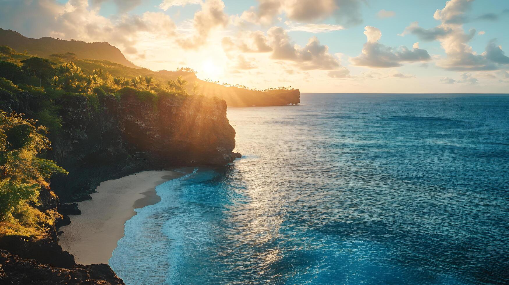 A beautiful beach with a cliff in the background and the ocean in the distance photo
