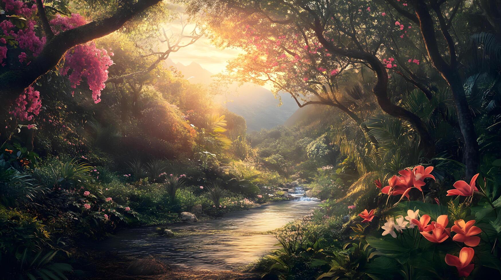A lush green forest with a river running through it photo