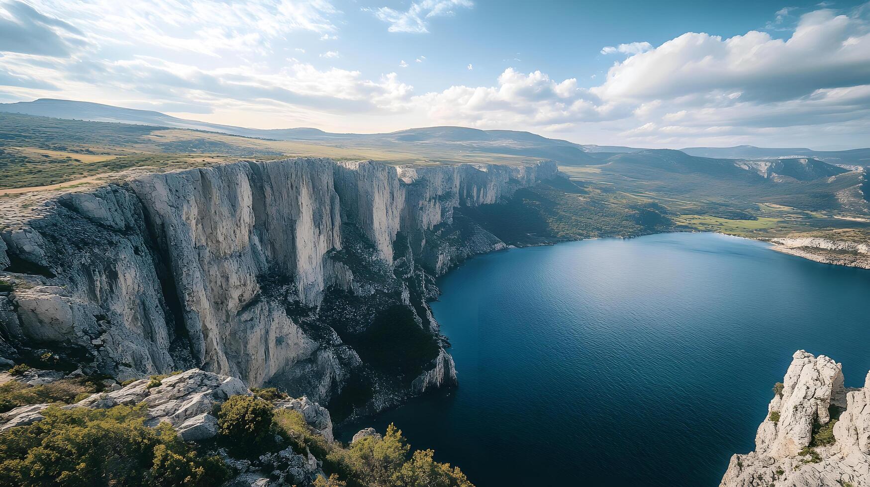 A beautiful mountain range with a large body of water in the foreground photo
