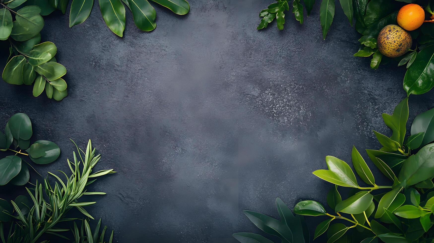 A black background with a green leafy border and a bunch of leaves and oranges photo