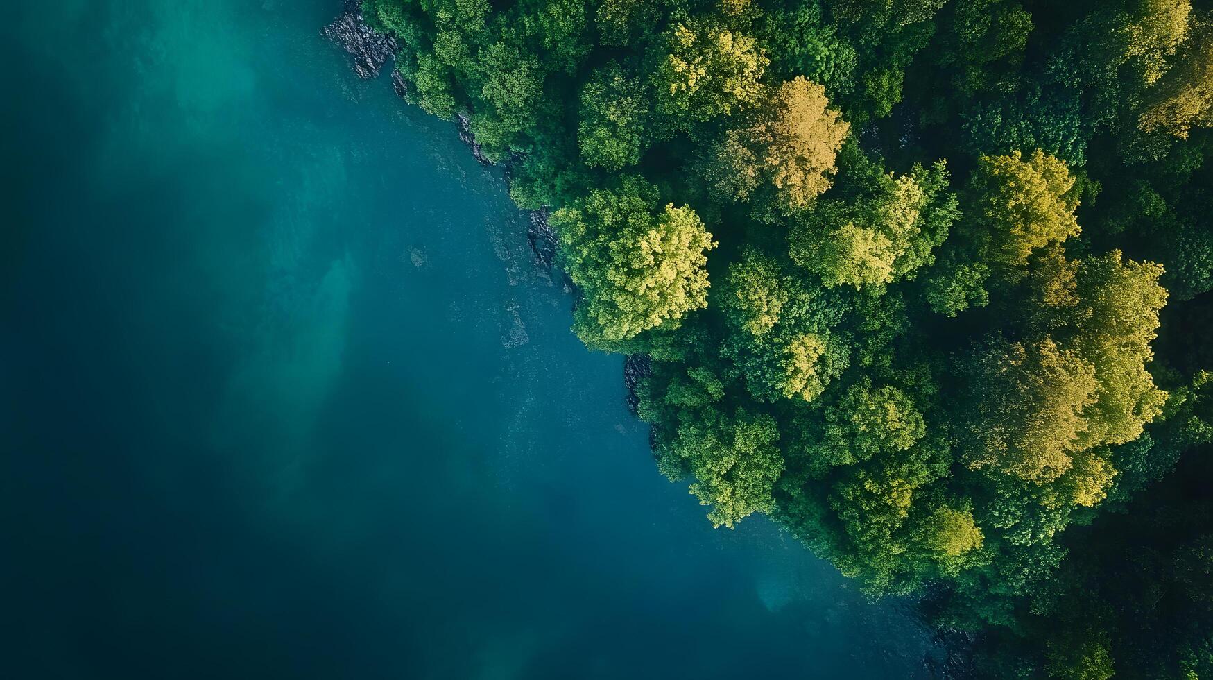 A beautiful view of a forest with a body of water in the background photo