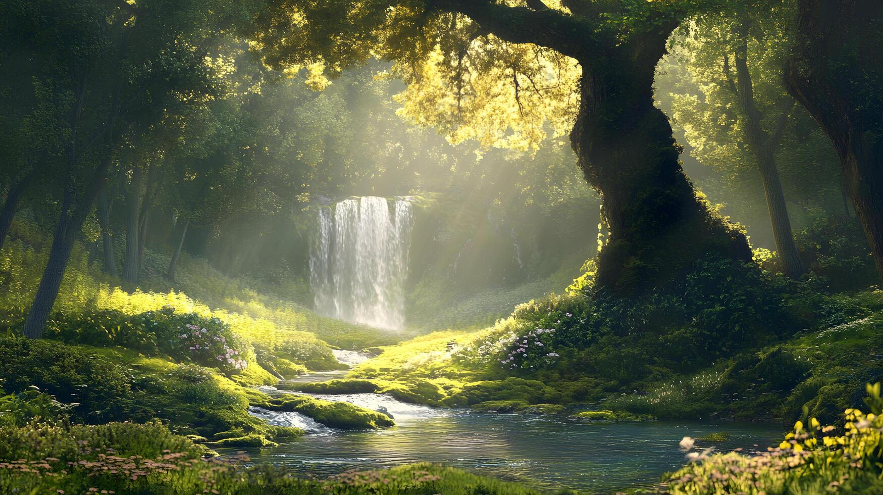 A lush green forest with a waterfall and a tree with a large trunk photo