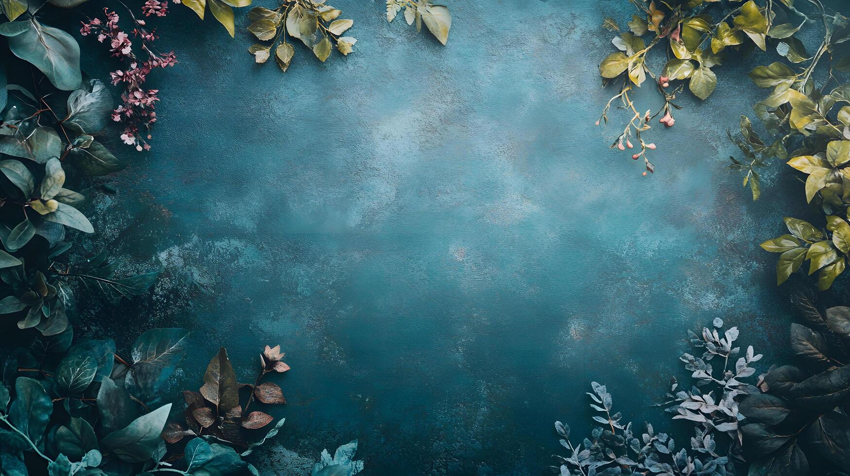 A blue background with a bunch of leaves and flowers photo