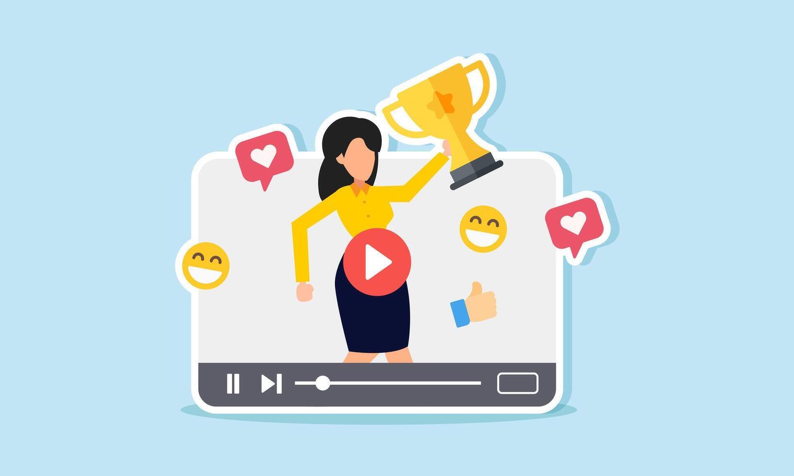 A businesswoman inside promotional media raises and shows a trophy, illustration of presenting and showcasing business achievements and accomplishments vector