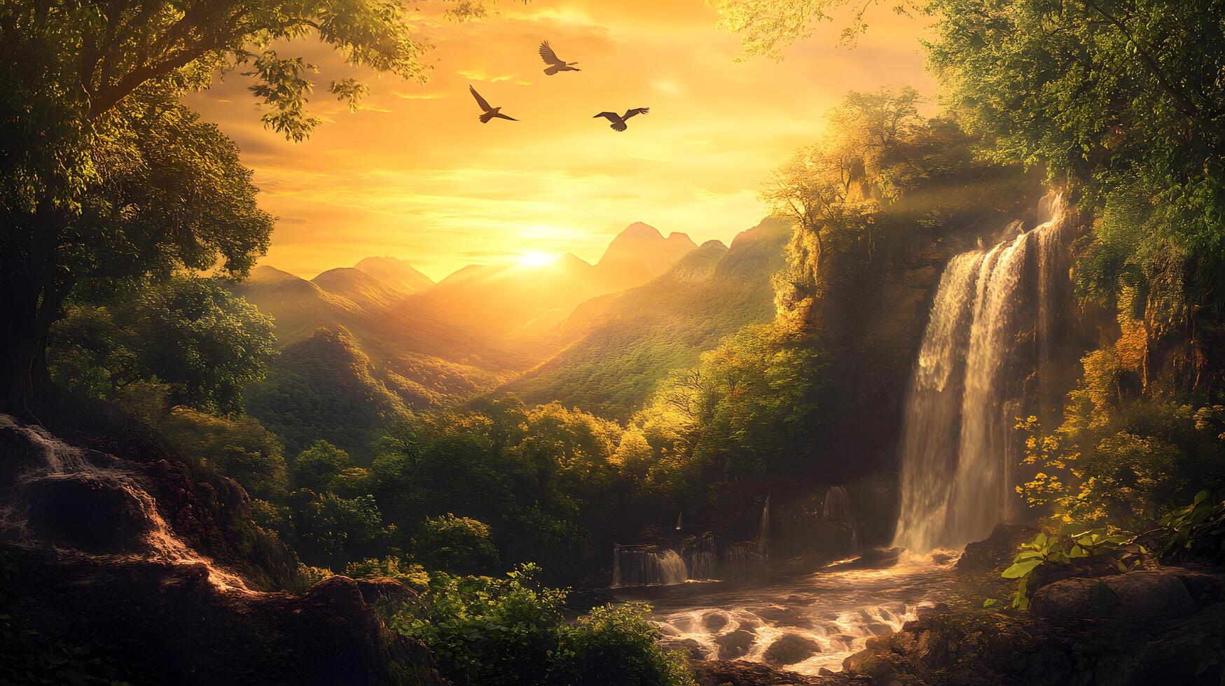 A beautiful waterfall surrounded by trees and mountains photo