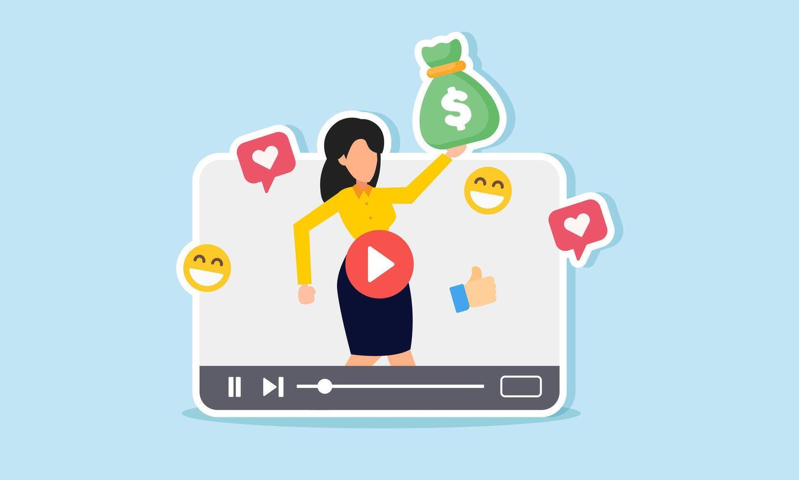 A businesswoman inside promotional media raises and shows a money sack, illustration of presenting and showcasing the financial condition of a business company vector