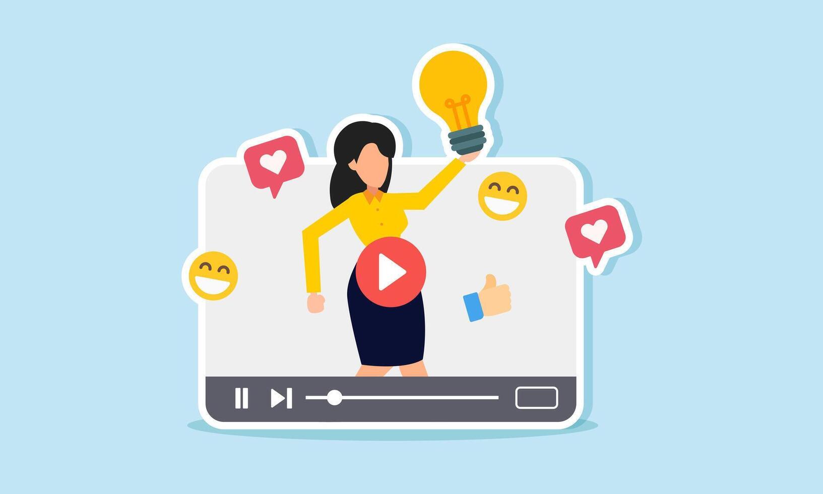 A businesswoman inside a promotional media raises and shows a lamp, illustration of presenting and showcasing business ideas to attract market engagement vector