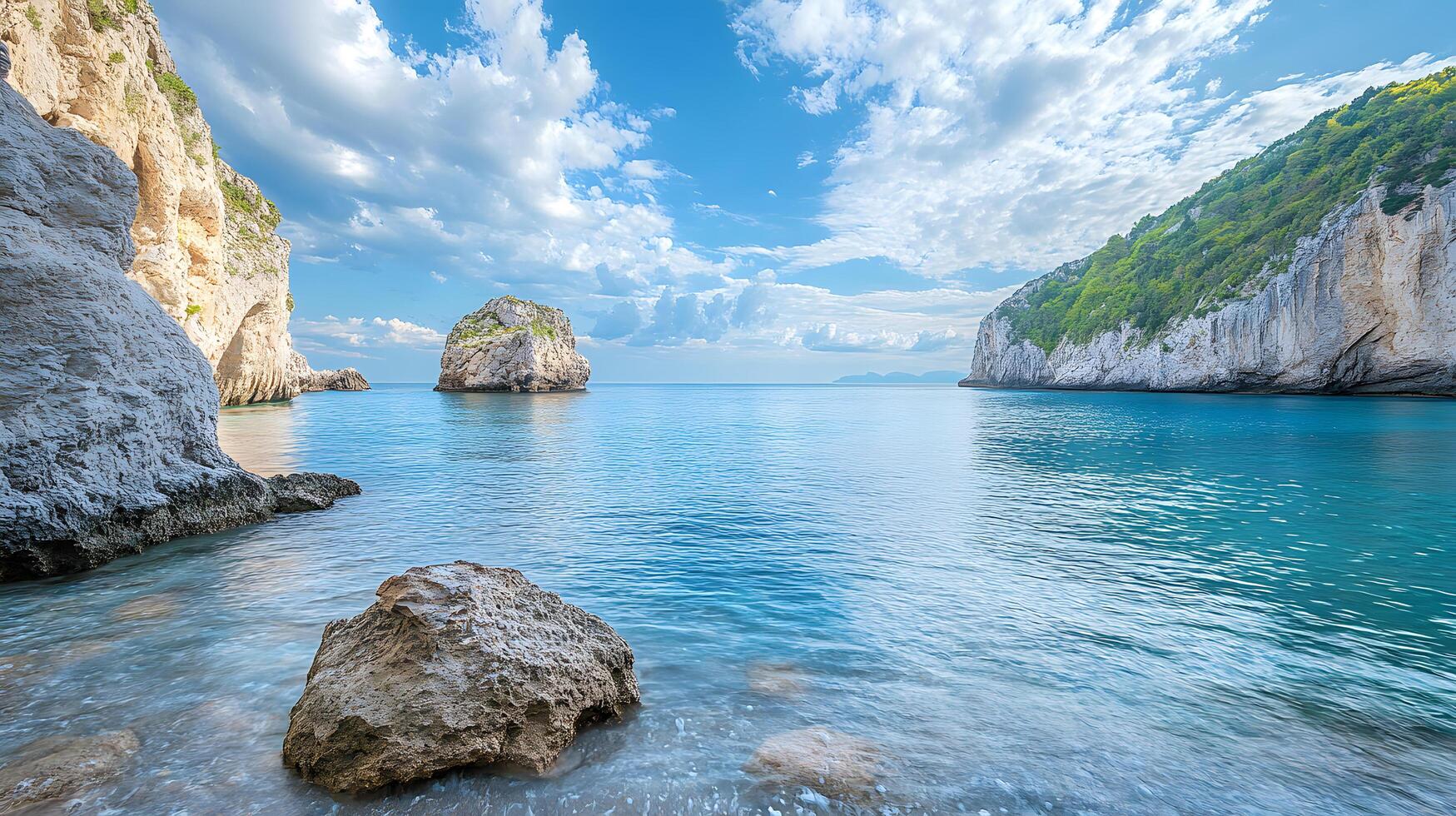 A rocky beach with a large rock in the water photo