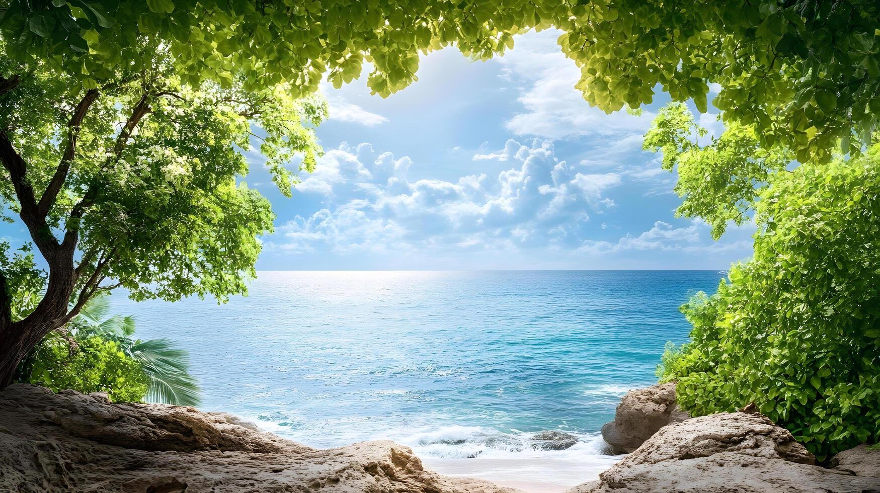 A beautiful view of the ocean with a tree in the foreground photo