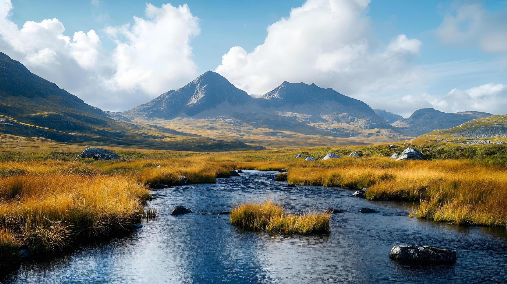 A river flows through a grassy plain with mountains in the background photo