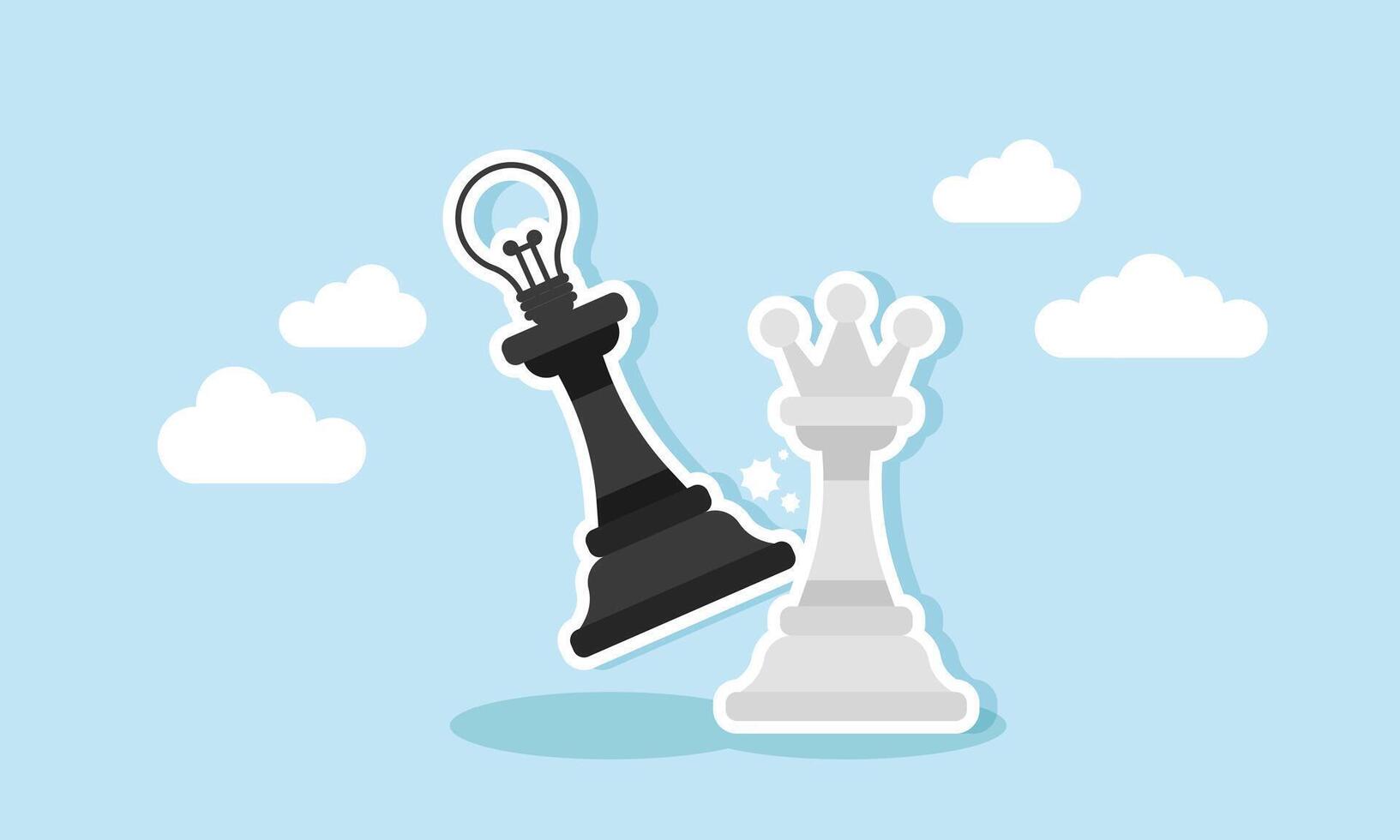 Black chess piece labeled with a light strikes the white king piece, illustration of competition in improving the application of business ideas and innovations vector