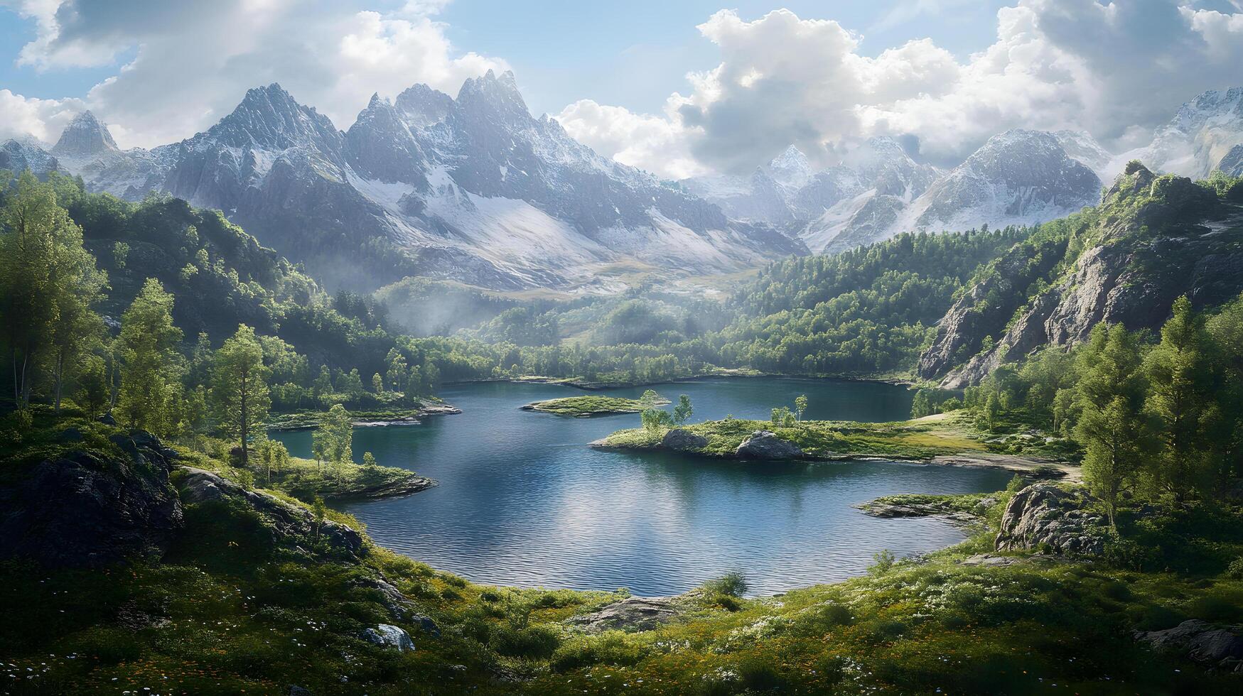 A beautiful mountain landscape with a lake in the foreground photo