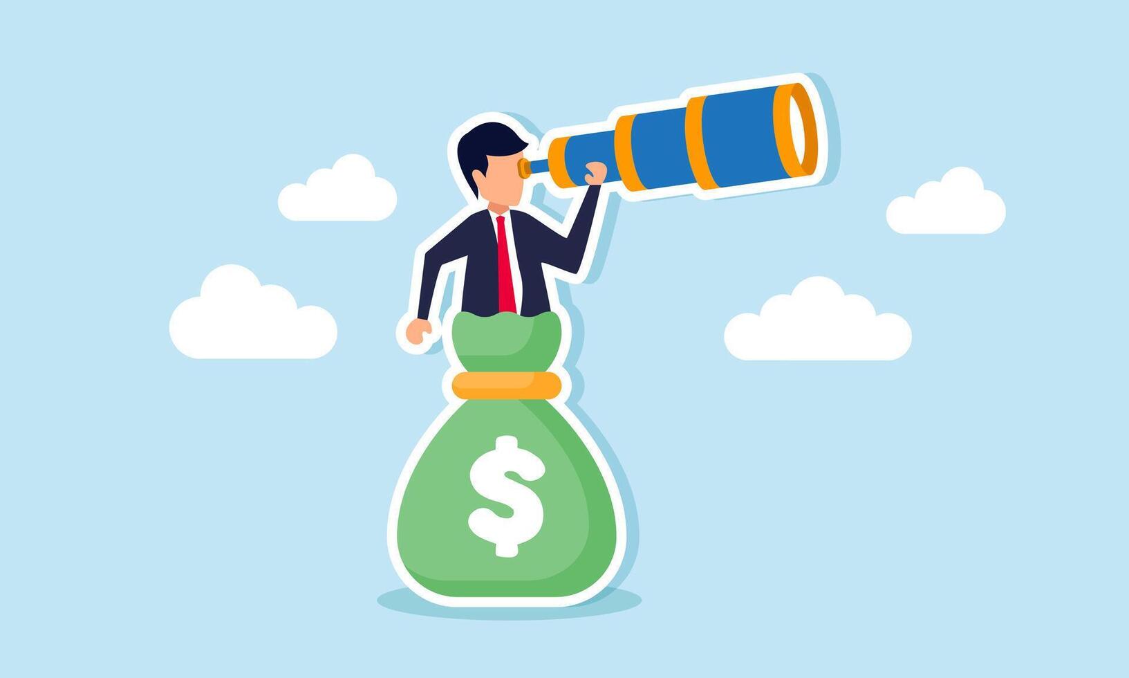 A businessman peers through a bag of dollar bills, illustration of observing and analyzing a company's financial condition vector