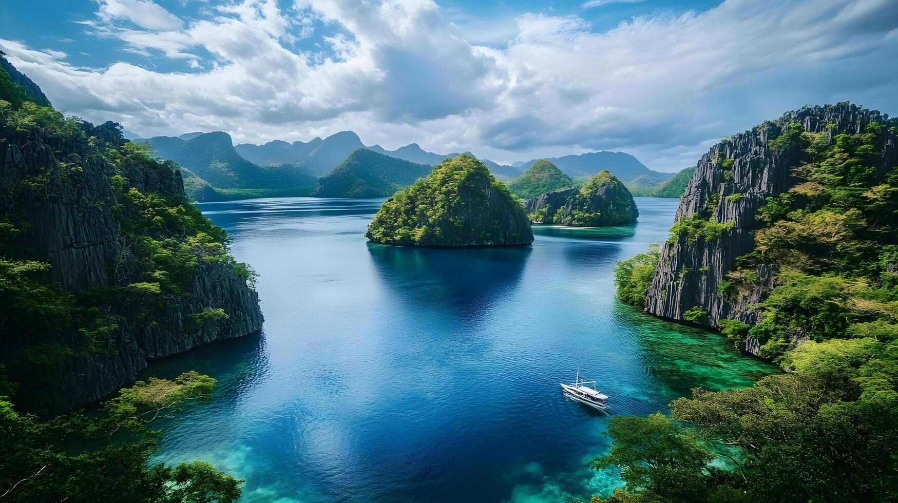 A boat is floating on a lake surrounded by mountains photo