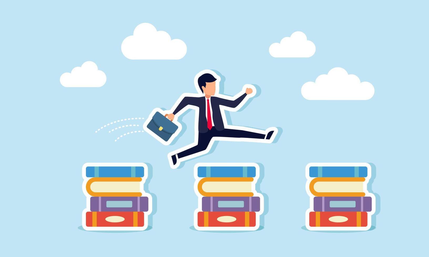 A businessman jumps over obstacles of stacked report books, illustration of step-by-step progress in completing business project reports vector