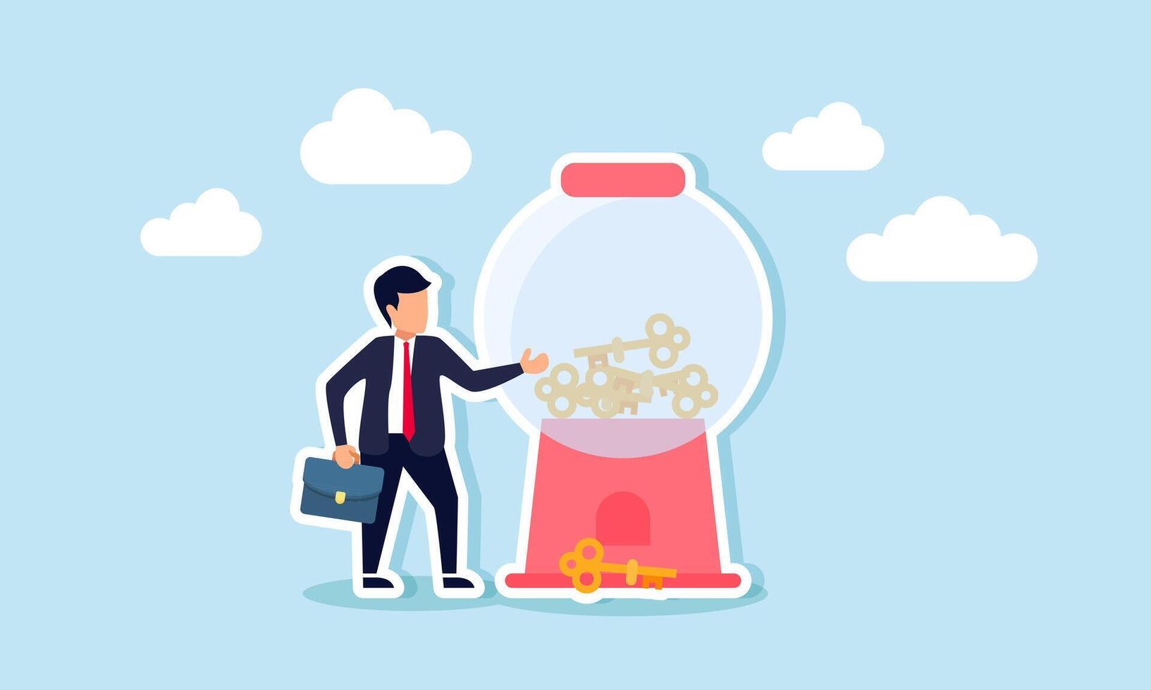 A businessman stands beside a key-making machine, illustration of receiving third-party assistance or solutions for business problems vector